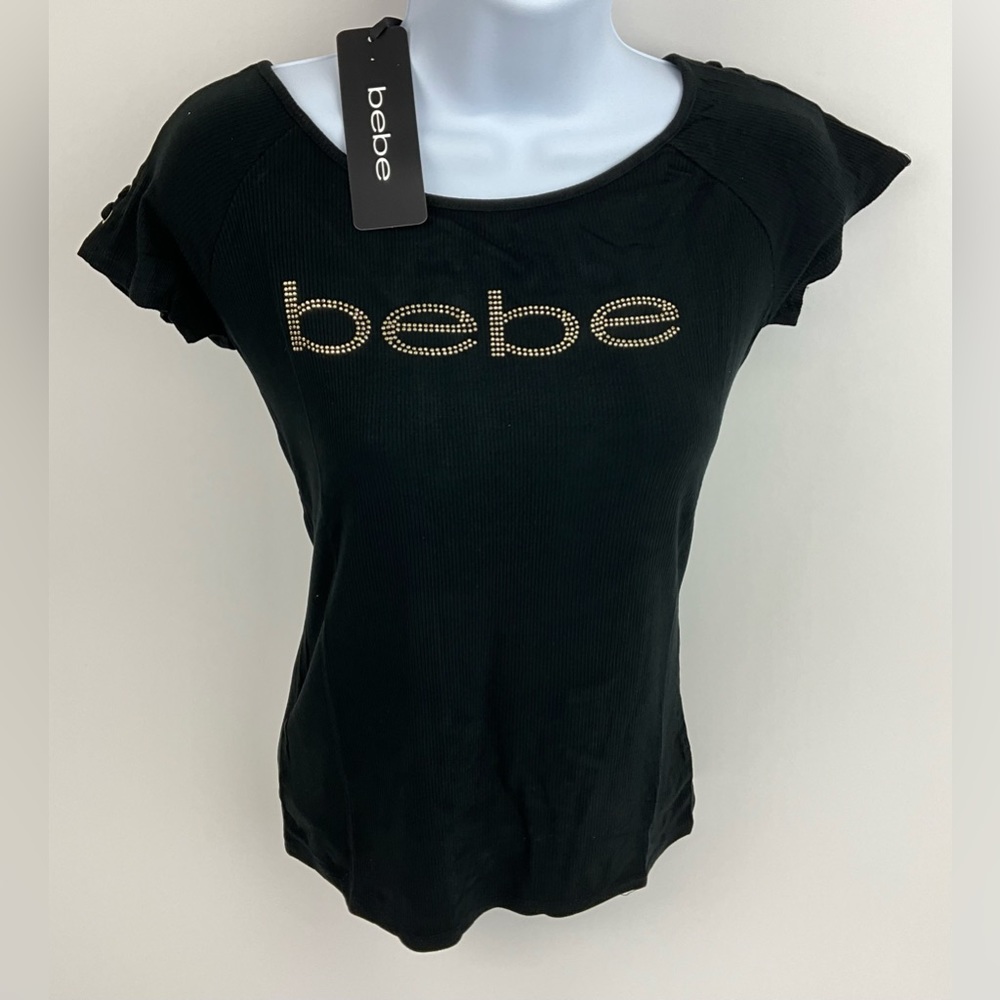 Bebe Short Sleeve Lace Up Shoulders Gold Rhinestone Logo Top